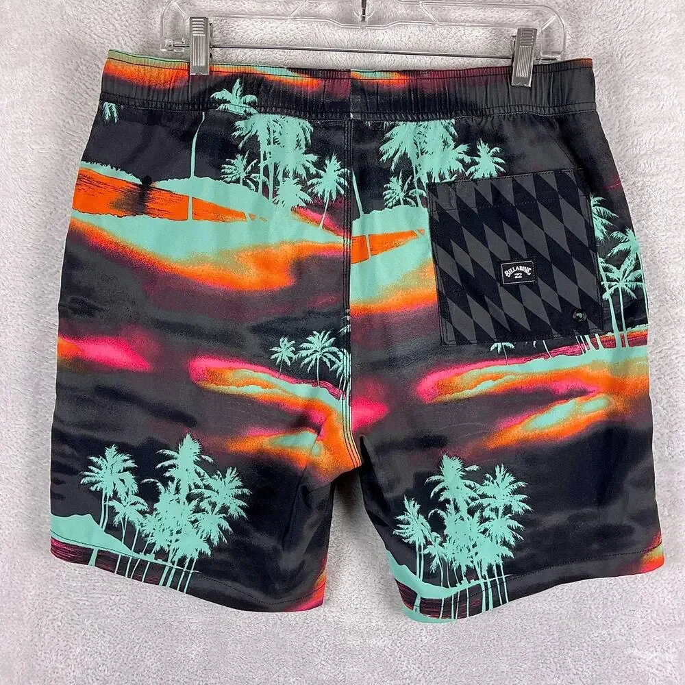 VTG Billabong Board Shorts Men M Black Green Palm Sundays Recycler Beach Summer